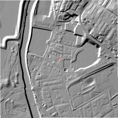 Shaded relief map of the ground around M72GL, computed from Environment Agency LiDAR. The ground here sits at about 30 m above sea level and falls 31 m across the surrounding 800 m. Surface water reaching this point runs off ground lying to the east-north-east, 1.7 m higher.