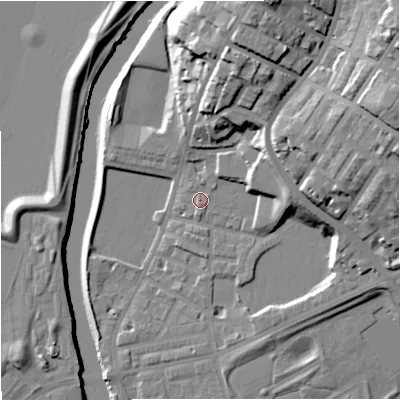 Shaded relief map of the ground around M72GS, computed from Environment Agency LiDAR. The ground here sits at about 31 m above sea level and falls 31 m across the surrounding 800 m. Surface water reaching this point runs off ground lying to the south-south-east, 0.9 m higher.