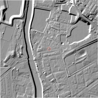 Shaded relief map of the ground around M72HG, computed from Environment Agency LiDAR. The ground here sits at about 30 m above sea level and falls 24 m across the surrounding 800 m. Surface water reaching this point runs off ground lying to the east-south-east, 1.3 m higher.
