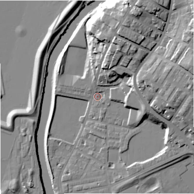Shaded relief map of the ground around M72HH, computed from Environment Agency LiDAR. The ground here sits at about 31 m above sea level and falls 31 m across the surrounding 800 m. Surface water reaching this point runs off ground lying to the north-north-east, 18.4 m higher.