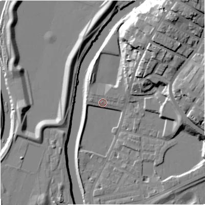 Shaded relief map of the ground around M72HJ, computed from Environment Agency LiDAR. The ground here sits at about 31 m above sea level and falls 31 m across the surrounding 800 m. Surface water reaching this point runs off ground lying to the west-north-west, 3.5 m higher.