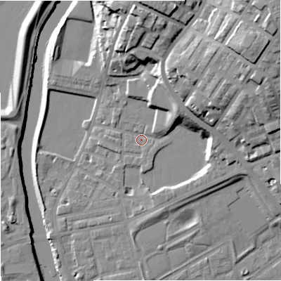 Shaded relief map of the ground around M72HL, computed from Environment Agency LiDAR. The ground here sits at about 30 m above sea level and falls 33 m across the surrounding 800 m. Surface water reaching this point runs off ground lying to the north-north-east, 11.3 m higher.