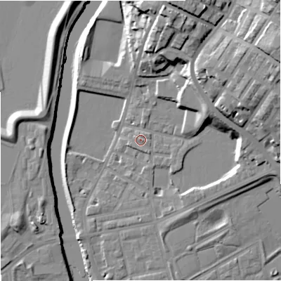 Shaded relief map of the ground around M72HN, computed from Environment Agency LiDAR. The ground here sits at about 31 m above sea level and falls 31 m across the surrounding 800 m. Surface water reaching this point runs off ground lying to the south-south-east, 0.8 m higher.