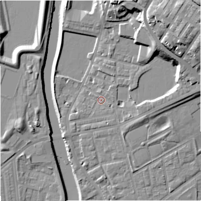 Shaded relief map of the ground around M72HP, computed from Environment Agency LiDAR. The ground here sits at about 29 m above sea level and falls 30 m across the surrounding 800 m. Surface water reaching this point runs off ground lying to the north-east, 11.9 m higher.