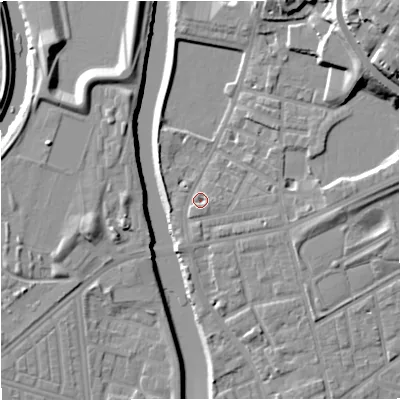 Shaded relief map of the ground around M72HQ, computed from Environment Agency LiDAR. The ground here sits at about 29 m above sea level and falls 22 m across the surrounding 800 m. Surface water reaching this point runs off ground lying to the north-east, 13.7 m higher.