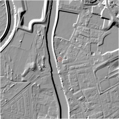 Shaded relief map of the ground around M72HR, computed from Environment Agency LiDAR. The ground here sits at about 29 m above sea level and falls 21 m across the surrounding 800 m. Surface water reaching this point runs off ground lying to the north-east, 13.7 m higher.