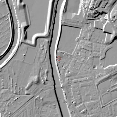 Shaded relief map of the ground around M72HS, computed from Environment Agency LiDAR. The ground here sits at about 29 m above sea level and falls 21 m across the surrounding 800 m. Surface water reaching this point runs off ground lying to the west, 2.7 m higher.