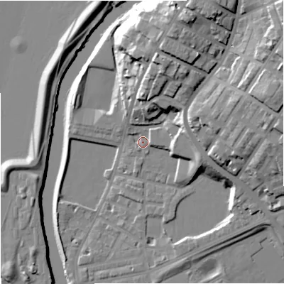 Shaded relief map of the ground around M72HT, computed from Environment Agency LiDAR. The ground here sits at about 31 m above sea level and falls 32 m across the surrounding 800 m. Surface water reaching this point runs off ground lying to the north-north-east, 18.4 m higher.