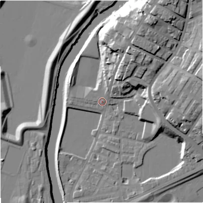 Shaded relief map of the ground around M72HU, computed from Environment Agency LiDAR. The ground here sits at about 31 m above sea level and falls 32 m across the surrounding 800 m. Surface water reaching this point runs off ground lying to the north-north-east, 25.8 m higher.
