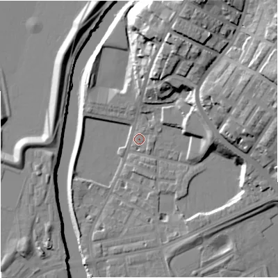 Shaded relief map of the ground around M72HW, computed from Environment Agency LiDAR. The ground here sits at about 30 m above sea level and falls 31 m across the surrounding 800 m. Surface water reaching this point runs off ground lying to the north-north-east, 21.6 m higher.