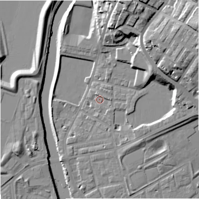 Shaded relief map of the ground around M72HX, computed from Environment Agency LiDAR. The ground here sits at about 29 m above sea level and falls 31 m across the surrounding 800 m. Surface water reaching this point runs off ground lying to the east, 2.2 m higher.