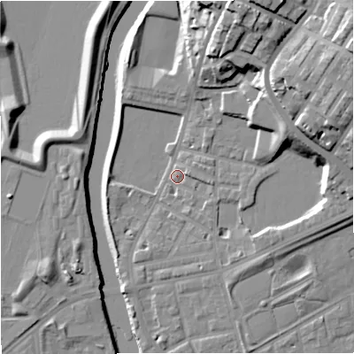Shaded relief map of the ground around M72HY, computed from Environment Agency LiDAR. The ground here sits at about 29 m above sea level and falls 28 m across the surrounding 800 m. Surface water reaching this point runs off ground lying to the north-north-east, 20.5 m higher.