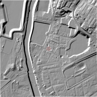 Shaded relief map of the ground around M72HZ, computed from Environment Agency LiDAR. The ground here sits at about 29 m above sea level and falls 28 m across the surrounding 800 m. Surface water reaching this point runs off ground lying to the north-north-east, 18.7 m higher.