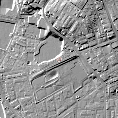 Shaded relief map of the ground around M72JA, computed from Environment Agency LiDAR. The ground here sits at about 34 m above sea level and falls 31 m across the surrounding 800 m. Surface water reaching this point runs off ground lying to the north-north-east, 22.6 m higher.