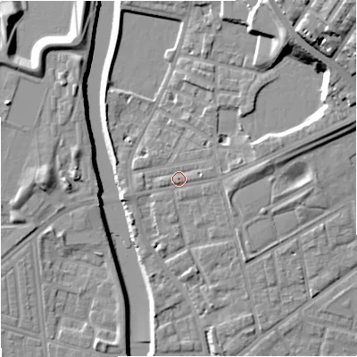 Shaded relief map of the ground around M72JB, computed from Environment Agency LiDAR. The ground here sits at about 30 m above sea level and falls 23 m across the surrounding 800 m. Surface water reaching this point runs off ground lying to the east-north-east, 8.8 m higher.
