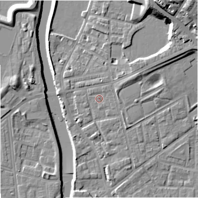 Shaded relief map of the ground around M72JD, computed from Environment Agency LiDAR. The ground here sits at about 30 m above sea level and falls 22 m across the surrounding 800 m. Surface water reaching this point runs off ground lying to the north-north-east, 1.0 m higher.