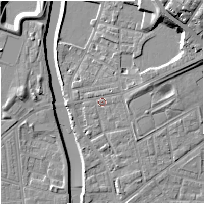 Shaded relief map of the ground around M72JE, computed from Environment Agency LiDAR. The ground here sits at about 30 m above sea level and falls 22 m across the surrounding 800 m. Surface water reaching this point runs off ground lying to the north-east, 8.6 m higher.