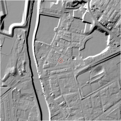 Shaded relief map of the ground around M72JF, computed from Environment Agency LiDAR. The ground here sits at about 30 m above sea level and falls 26 m across the surrounding 800 m. Surface water reaching this point runs off ground lying to the south-east, 1.3 m higher.
