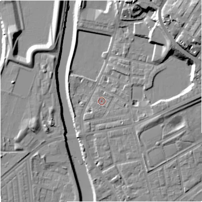 Shaded relief map of the ground around M72JG, computed from Environment Agency LiDAR. The ground here sits at about 29 m above sea level and falls 25 m across the surrounding 800 m. Surface water reaching this point runs off ground lying to the south-east, 1.7 m higher.