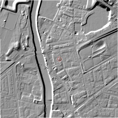 Shaded relief map of the ground around M72JH, computed from Environment Agency LiDAR. The ground here sits at about 30 m above sea level and falls 19 m across the surrounding 800 m. Surface water reaching this point runs off ground lying to the north-east, 1.3 m higher.
