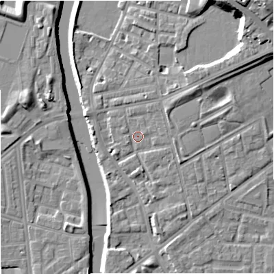 Shaded relief map of the ground around M72JJ, computed from Environment Agency LiDAR. The ground here sits at about 29 m above sea level and falls 19 m across the surrounding 800 m. Surface water reaching this point runs off ground lying to the north-north-east, 1.5 m higher.