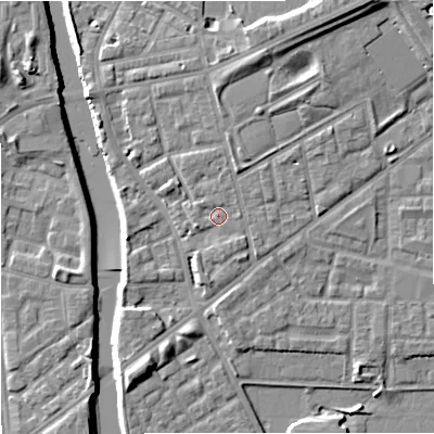 Shaded relief map of the ground around M72JL, computed from Environment Agency LiDAR. The ground here sits at about 29 m above sea level and falls 13 m across the surrounding 800 m. Surface water reaching this point runs off ground lying to the west, 0.8 m higher.