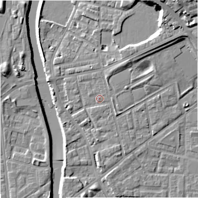 Shaded relief map of the ground around M72JN, computed from Environment Agency LiDAR. The ground here sits at about 30 m above sea level and falls 20 m across the surrounding 800 m. Surface water reaching this point runs off ground lying to the north-east, 16.4 m higher.