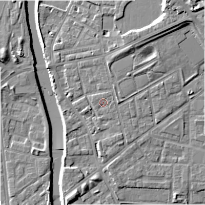 Shaded relief map of the ground around M72JP, computed from Environment Agency LiDAR. The ground here sits at about 30 m above sea level and falls 15 m across the surrounding 800 m. Surface water reaching this point runs off ground lying to the north-north-east, 1.0 m higher.