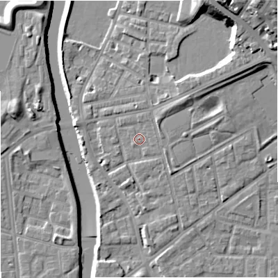 Shaded relief map of the ground around M72JQ, computed from Environment Agency LiDAR. The ground here sits at about 30 m above sea level and falls 21 m across the surrounding 800 m. Surface water reaching this point runs off ground lying to the north, 0.9 m higher.