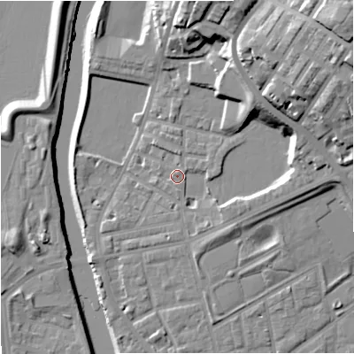 Shaded relief map of the ground around M72JR, computed from Environment Agency LiDAR. The ground here sits at about 30 m above sea level and falls 31 m across the surrounding 800 m. Surface water reaching this point runs off ground lying to the east-north-east, 1.5 m higher.