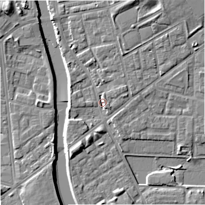 Shaded relief map of the ground around M72JS, computed from Environment Agency LiDAR. The ground here sits at about 28 m above sea level and falls 9 m across the surrounding 800 m. Surface water reaching this point runs off ground lying to the north-north-east, 5.5 m higher.