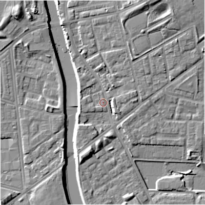 Shaded relief map of the ground around M72JT, computed from Environment Agency LiDAR. The ground here sits at about 28 m above sea level and falls 9 m across the surrounding 800 m. Surface water reaching this point runs off ground lying to the north-north-east, 5.5 m higher.