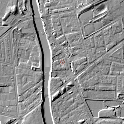 Shaded relief map of the ground around M72JU, computed from Environment Agency LiDAR. The ground here sits at about 28 m above sea level and falls 9 m across the surrounding 800 m. Surface water reaching this point runs off ground lying to the west-south-west, 2.1 m higher.