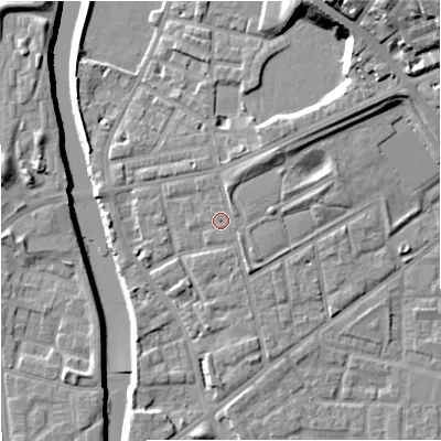 Shaded relief map of the ground around M72JW, computed from Environment Agency LiDAR. The ground here sits at about 30 m above sea level and falls 22 m across the surrounding 800 m. Surface water reaching this point runs off ground lying to the north-east, 17.5 m higher.