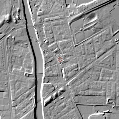 Shaded relief map of the ground around M72JX, computed from Environment Agency LiDAR. The ground here sits at about 29 m above sea level and falls 10 m across the surrounding 800 m. Surface water reaching this point runs off ground lying to the north-east, 7.4 m higher.