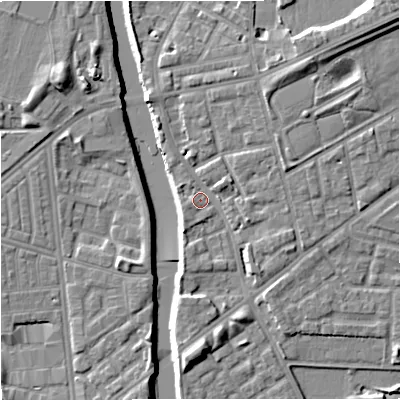 Shaded relief map of the ground around M72JY, computed from Environment Agency LiDAR. The ground here sits at about 29 m above sea level and falls 11 m across the surrounding 800 m. Surface water reaching this point runs off ground lying to the north-east, 7.7 m higher.