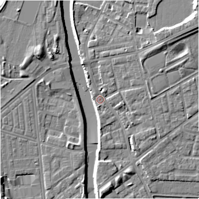 Shaded relief map of the ground around M72JZ, computed from Environment Agency LiDAR. The ground here sits at about 29 m above sea level and falls 12 m across the surrounding 800 m. Surface water reaching this point runs off ground lying to the north-east, 6.9 m higher.