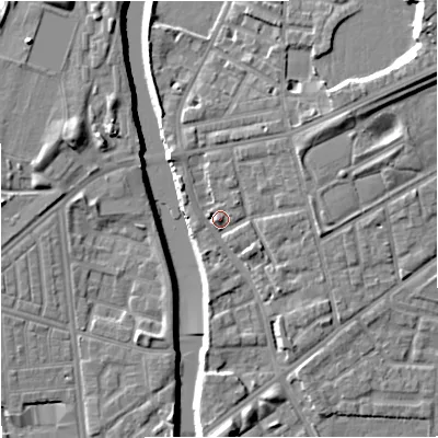Shaded relief map of the ground around M72LA, computed from Environment Agency LiDAR. The ground here sits at about 30 m above sea level and falls 13 m across the surrounding 800 m. Surface water reaching this point runs off ground lying to the north-east, 9.9 m higher.