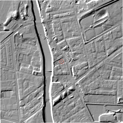 Shaded relief map of the ground around M72LD, computed from Environment Agency LiDAR. The ground here sits at about 28 m above sea level and falls 9 m across the surrounding 800 m. Surface water reaching this point runs off ground lying to the south-west, 2.1 m higher.