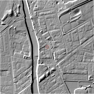 Shaded relief map of the ground around M72LE, computed from Environment Agency LiDAR. The ground here sits at about 28 m above sea level and falls 10 m across the surrounding 800 m. Surface water reaching this point runs off ground lying to the north-east, 6.9 m higher.