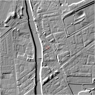 Shaded relief map of the ground around M72LF, computed from Environment Agency LiDAR. The ground here sits at about 29 m above sea level and falls 10 m across the surrounding 800 m. Surface water reaching this point runs off ground lying to the south-south-west, 2.1 m higher.