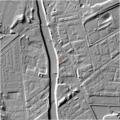 Shaded relief map of the ground around M72LG, computed from Environment Agency LiDAR. The ground here sits at about 29 m above sea level and falls 10 m across the surrounding 800 m. Surface water reaching this point runs off ground lying to the south-west, 0.8 m higher.