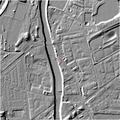 Shaded relief map of the ground around M72LH, computed from Environment Agency LiDAR. The ground here sits at about 29 m above sea level and falls 11 m across the surrounding 800 m. Surface water reaching this point runs off ground lying to the north-east, 6.4 m higher.