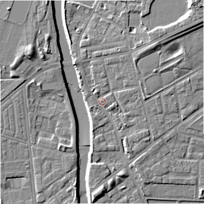 Shaded relief map of the ground around M72LP, computed from Environment Agency LiDAR. The ground here sits at about 29 m above sea level and falls 12 m across the surrounding 800 m. Surface water reaching this point runs off ground lying to the north-east, 9.3 m higher.
