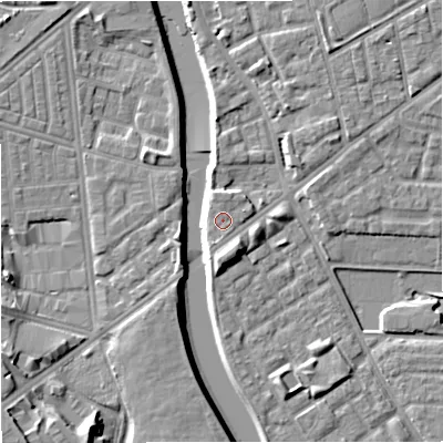 Shaded relief map of the ground around M72NL, computed from Environment Agency LiDAR. The ground here sits at about 30 m above sea level and falls 13 m across the surrounding 800 m. Surface water reaching this point runs off ground lying to the south, 0.7 m higher.