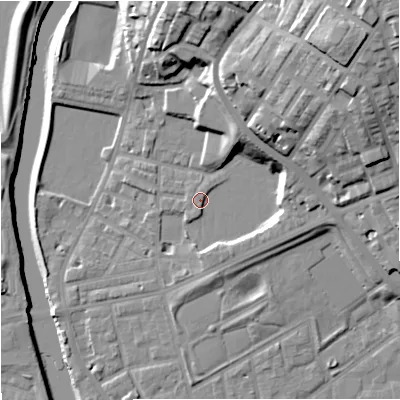 Shaded relief map of the ground around M72ST, computed from Environment Agency LiDAR. The ground here sits at about 31 m above sea level and falls 33 m across the surrounding 800 m. Surface water reaching this point runs off ground lying to the south, 1.4 m higher.