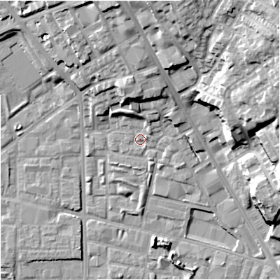 Shaded relief map of the ground around M72XF, computed from Environment Agency LiDAR. The ground here sits at about 30 m above sea level and falls 28 m across the surrounding 800 m. Surface water reaching this point runs off ground lying to the north, 10.9 m higher.