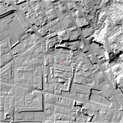 Shaded relief map of the ground around M72XG, computed from Environment Agency LiDAR. The ground here sits at about 29 m above sea level and falls 27 m across the surrounding 800 m. Surface water reaching this point runs off ground lying to the north-north-east, 11.3 m higher.