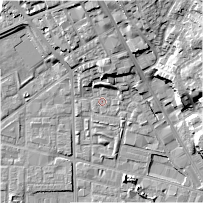 Shaded relief map of the ground around M72XN, computed from Environment Agency LiDAR. The ground here sits at about 29 m above sea level and falls 27 m across the surrounding 800 m. Surface water reaching this point runs off ground lying to the north-north-east, 4.7 m higher.