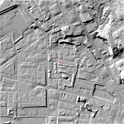 Shaded relief map of the ground around M72XW, computed from Environment Agency LiDAR. The ground here sits at about 29 m above sea level and falls 25 m across the surrounding 800 m. Surface water reaching this point runs off ground lying to the north-north-east, 11.3 m higher.